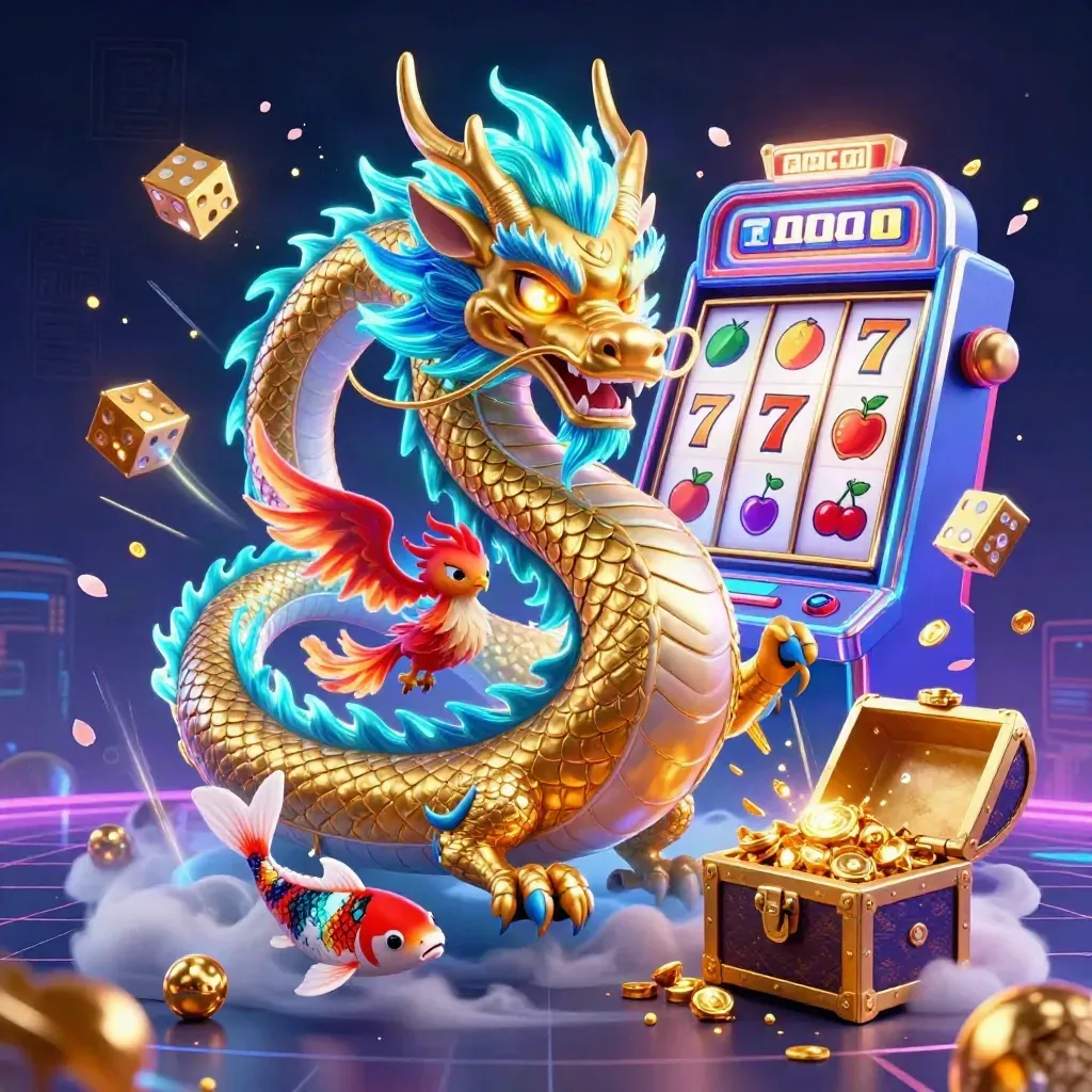 Golden dragon, phoenix, koi, and jackpot casino burst in electric-blue neon key art.
