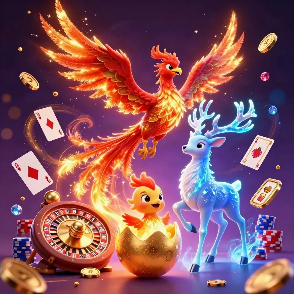 Phoenix, baby phoenix, and crystalline stag amid coins, gems, and blue casino magic.