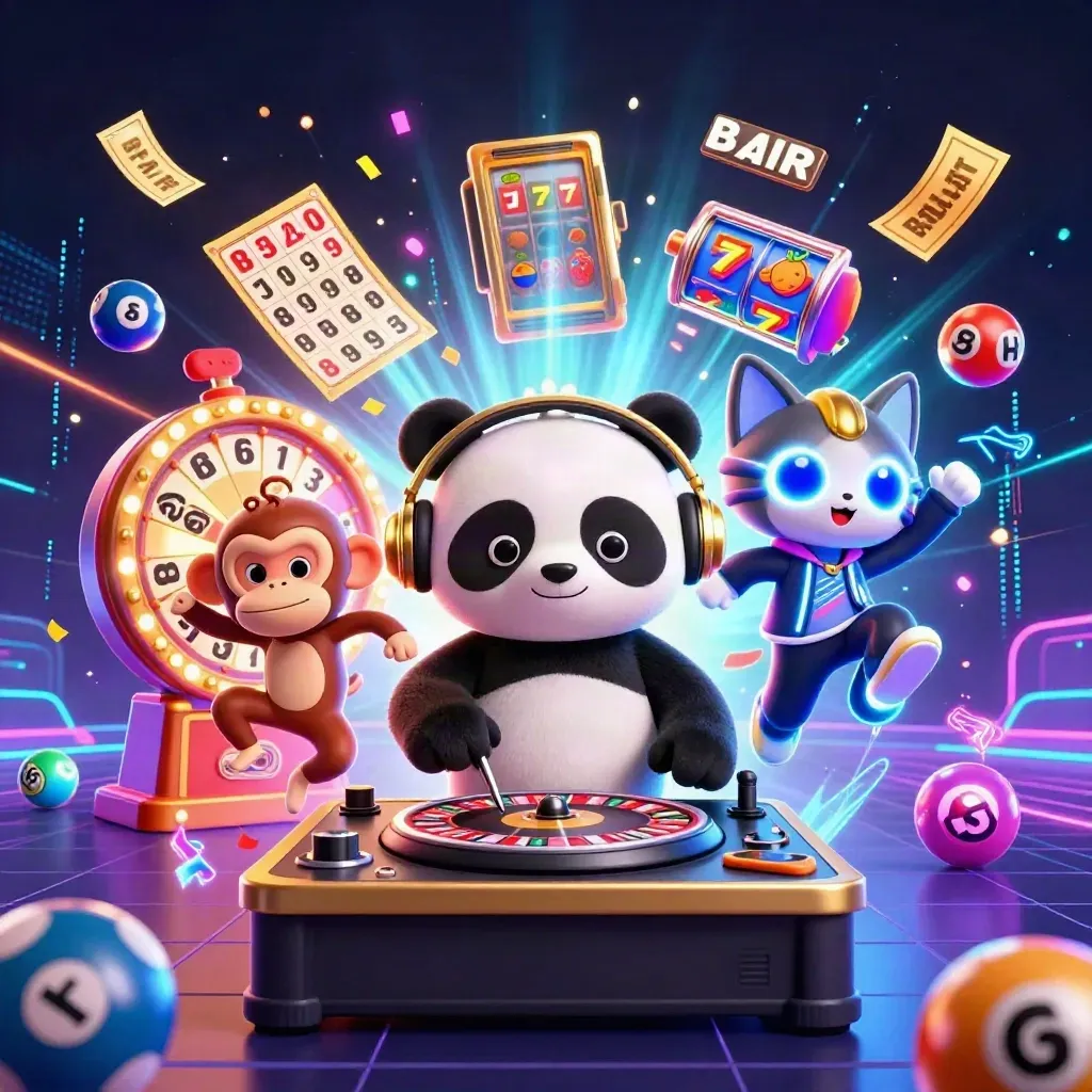 DJ panda, breakdancing monkey, and glow-stick kitten explode in a neon casino-fantasy scene