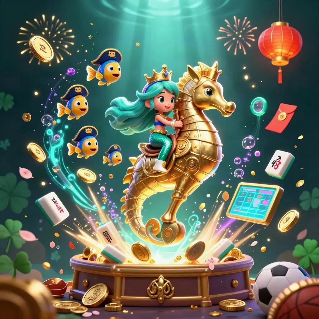 Mermaid princess on a golden seahorse amid coins, lanterns, fireworks, and esports symbols in neon blue glow.