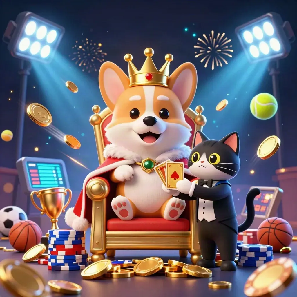 Royal corgi on chip throne with cat butler, coins, balls, trophy, fireworks, and neon casino glow.