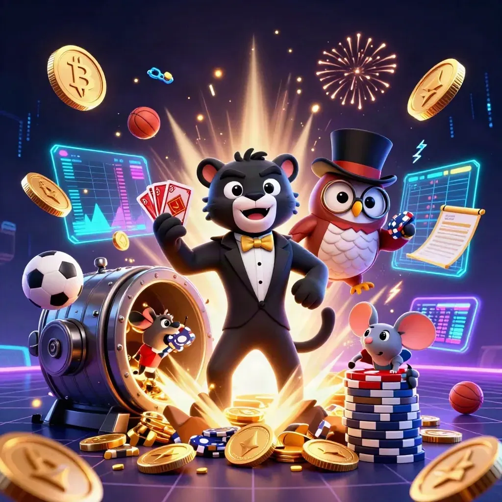 Panther, owl, and mouse amid coins, crypto, lightning, and fireworks in a neon casino vault.
