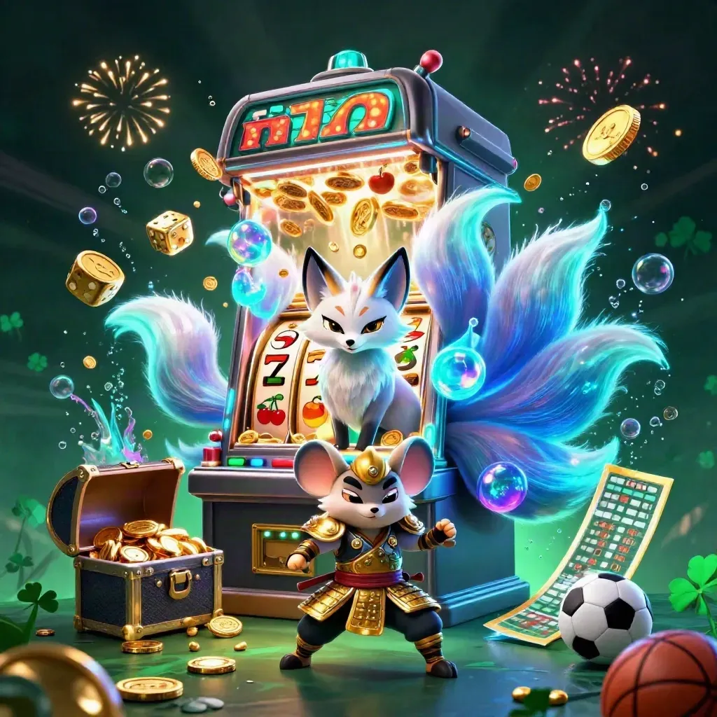 Nine-tailed fox spirit and golden samurai mouse amid exploding casino treasure and neon jackpots