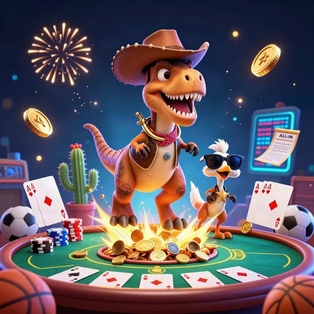 Cowboy T-Rex, cactus sidekick, and sheriff roadrunner amid coins, chips, poker props, and fireworks.