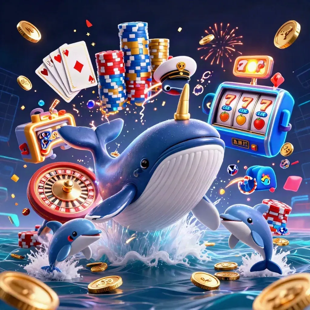Captain whale, narwhal, and dolphins burst through coins in a neon casino scene.