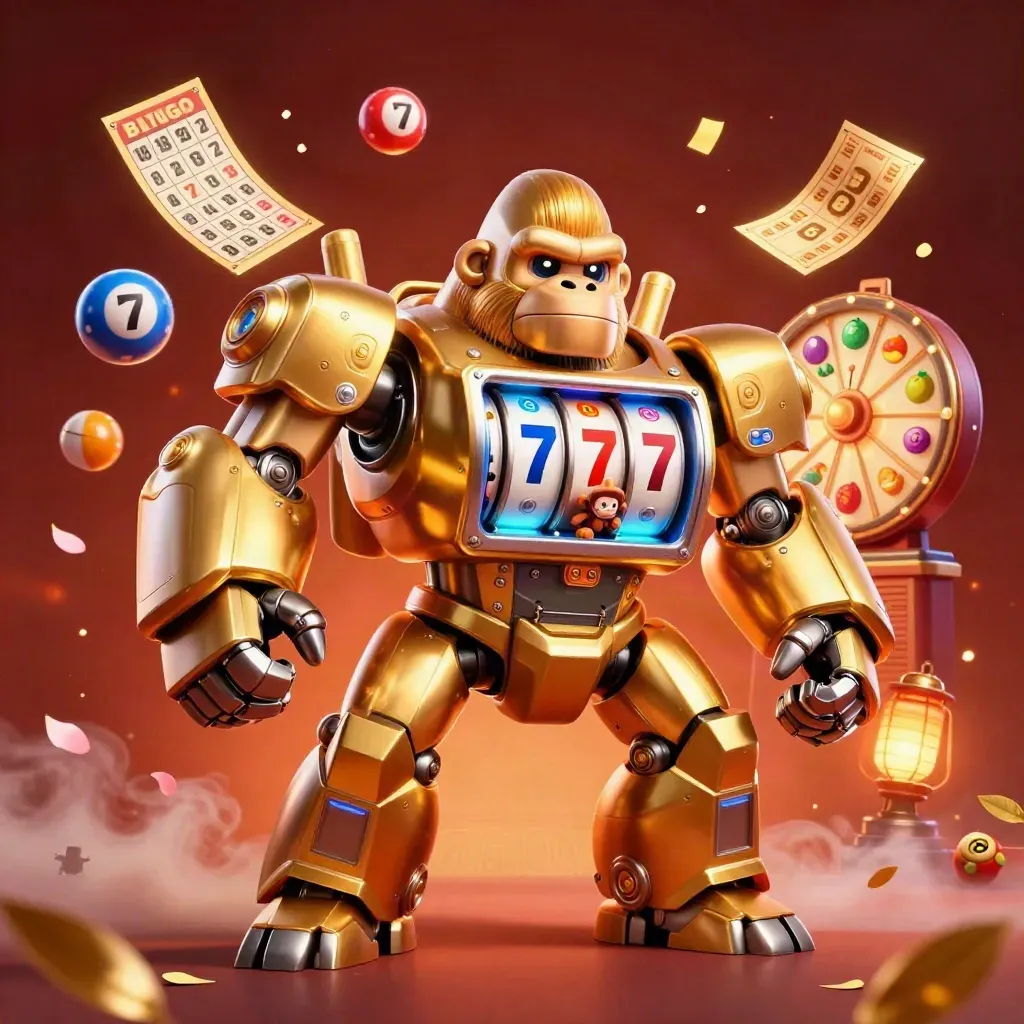 Golden gorilla slot-mech with monkey pilot, reels, lottery balls, petals, and neon casino energy.