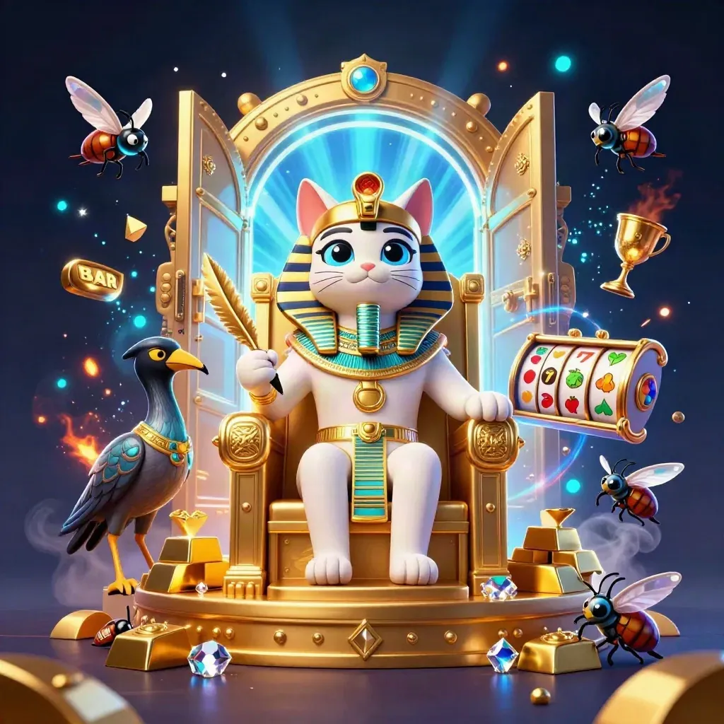 Pharaoh cat throne scene with ibis scribe, scarabs, vault door, casino gold, blue glow