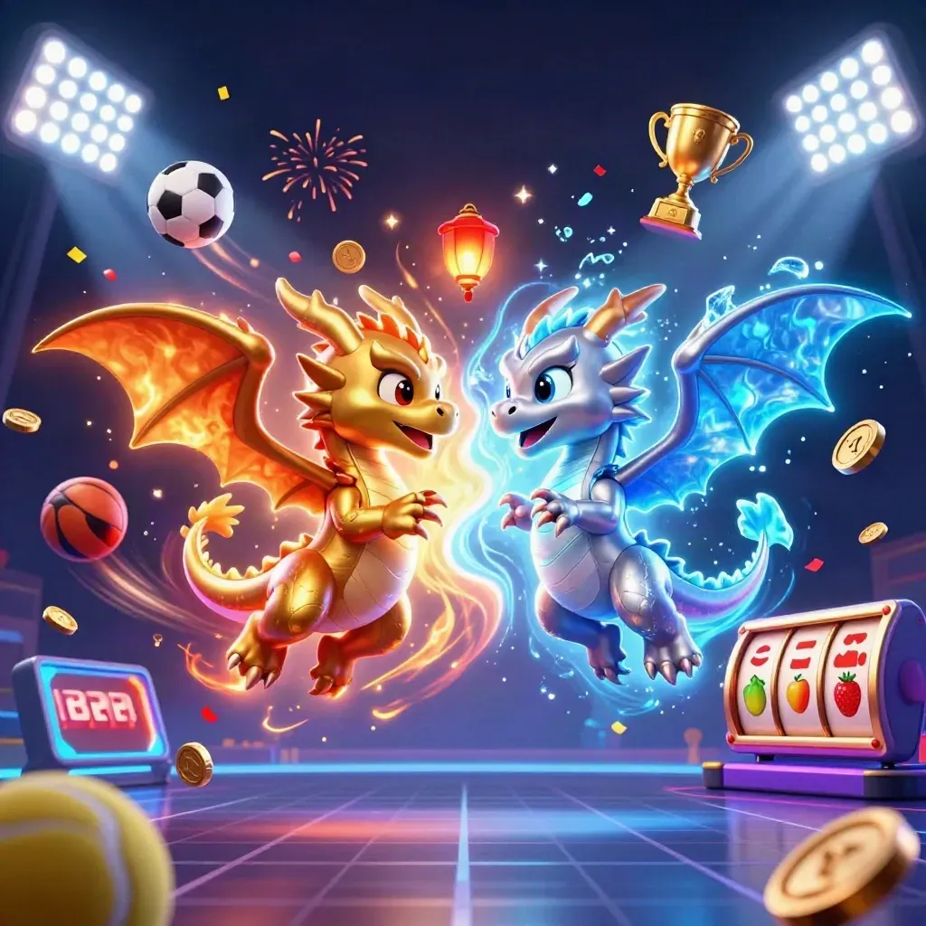 Gold and silver dragons swirl in a neon casino burst with balls, trophy, coins, and sparks.