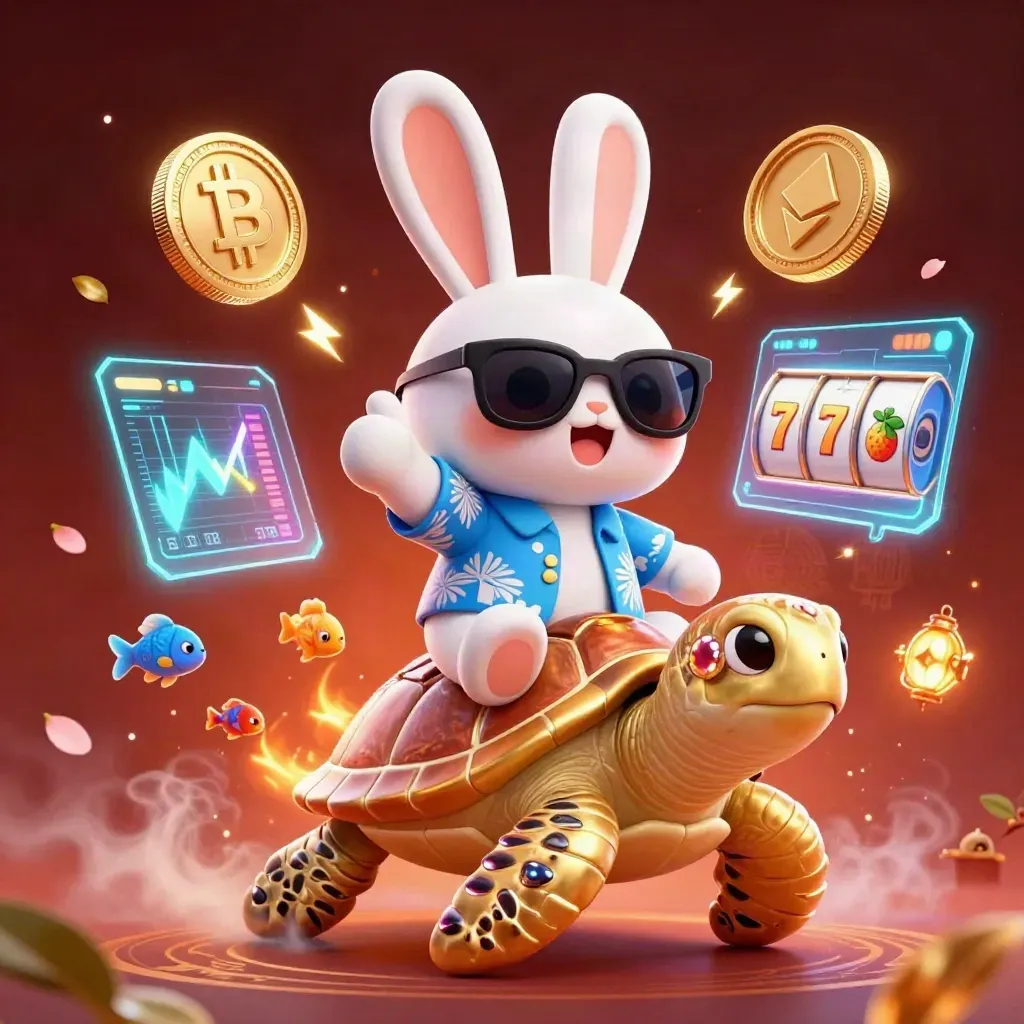 Lucky rabbit rides a golden turtle amid neon casino coins, embers, and magical effects.