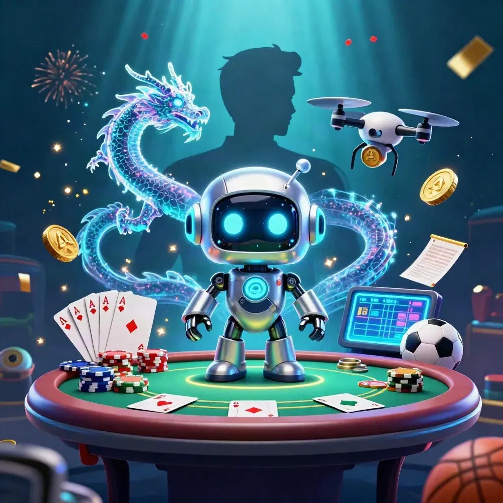 Cyberpunk robot, holographic dragon, and coin drone amid poker chips, cards, and neon casino effects.