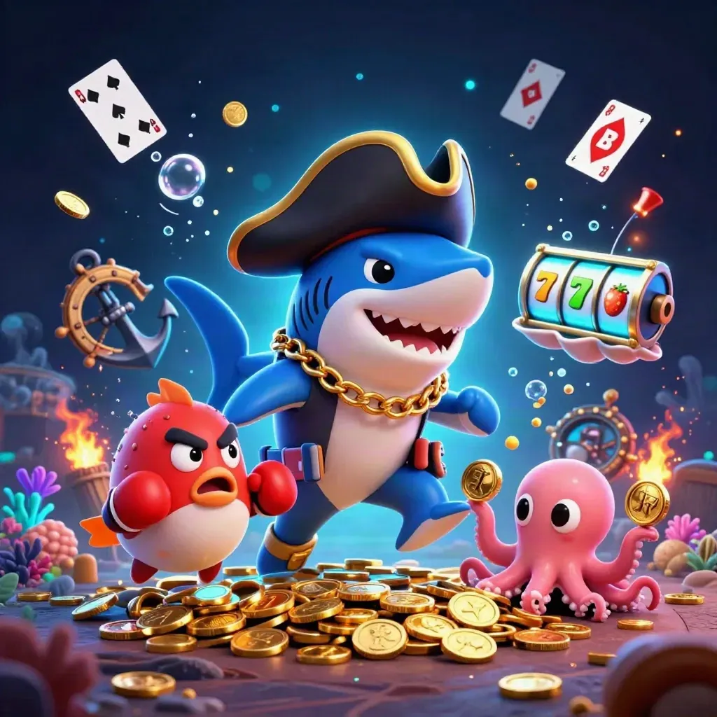 Pirate shark, boxing pufferfish, and coin-juggling octopus amid glowing casino treasure underwater.