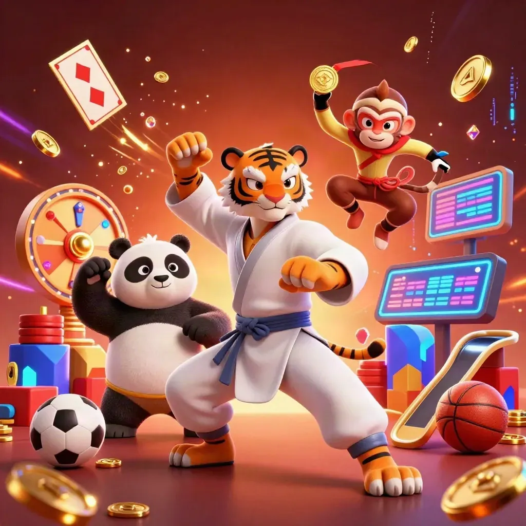 Kung-fu tiger, panda, and monkey amid casino coins, chips, cards, and neon energy.