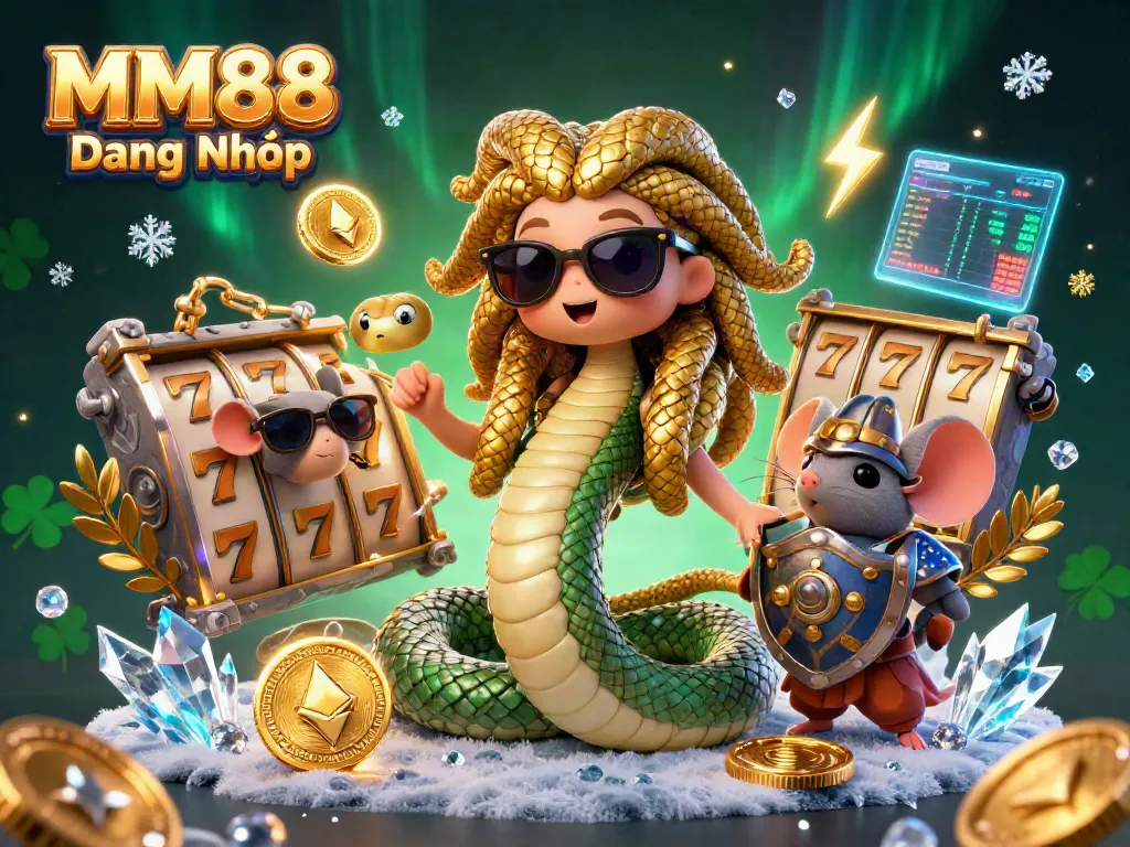 Engage with MM88 Đăng Nhập featuring dynamic slot elements and friendly Medusa in a rich casino scene.