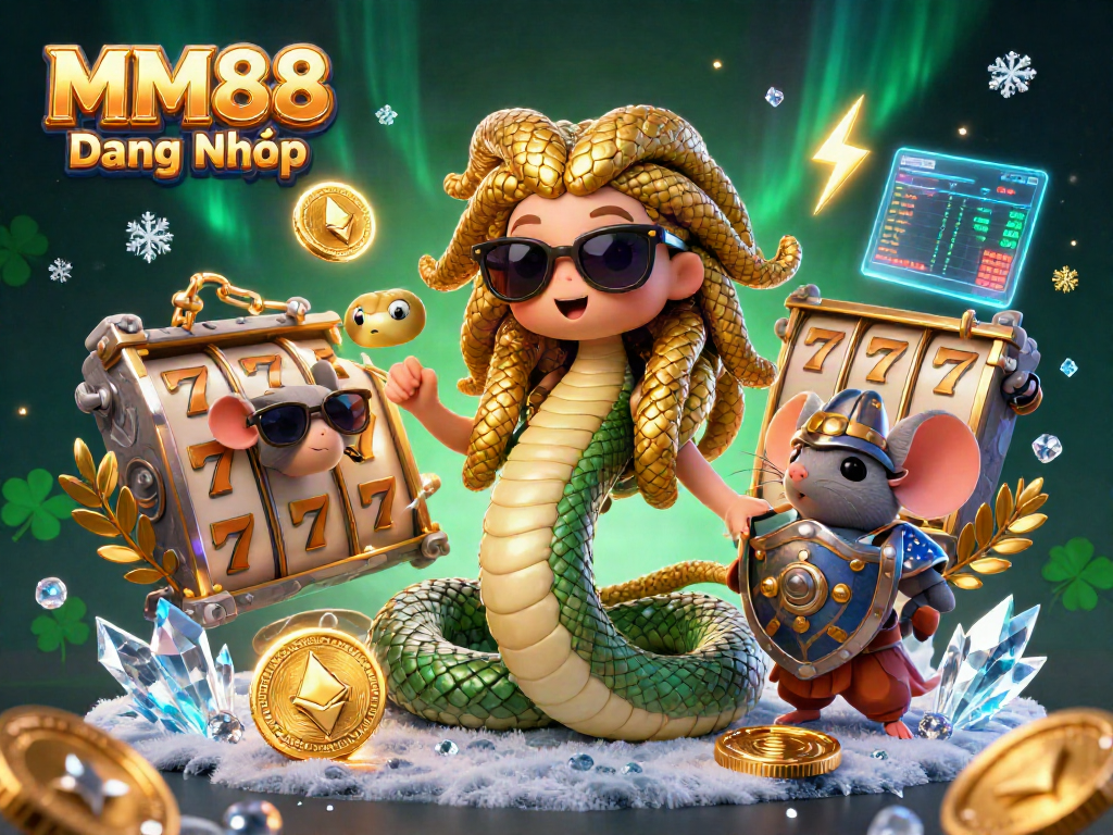 Engage with MM88 Đăng Nhập featuring dynamic slot elements and friendly Medusa in a rich casino scene.