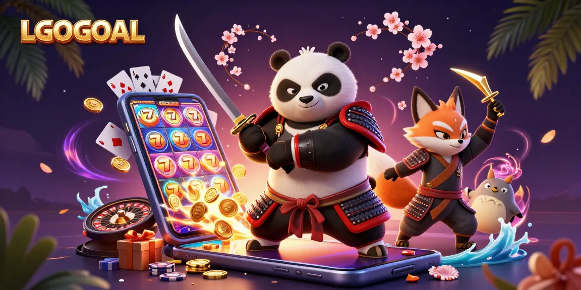 Join LGOGOAL slots excitement with a fierce panda samurai and ninja fox celebrating wins