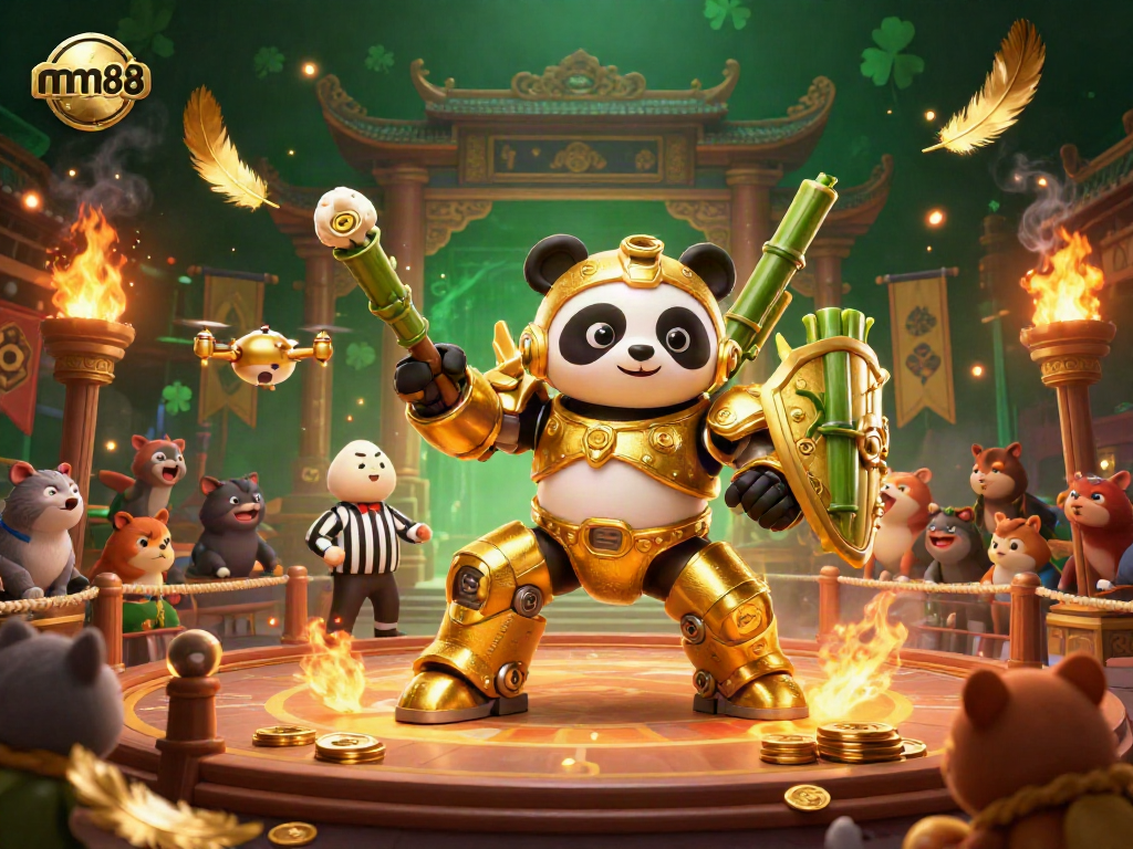 Experience mm88 with a vibrant, ultra-detailed 3D casino illustration featuring a golden panda robot in action.