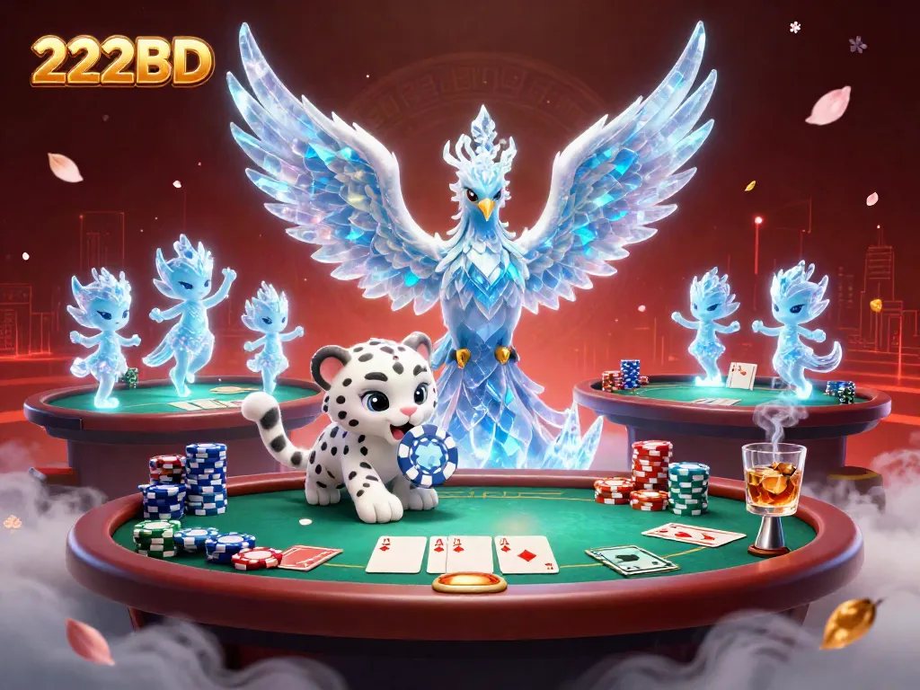 Experience the magic of 222BD with an exciting ice phoenix, playful snow leopard cub, and vibrant poker scene.