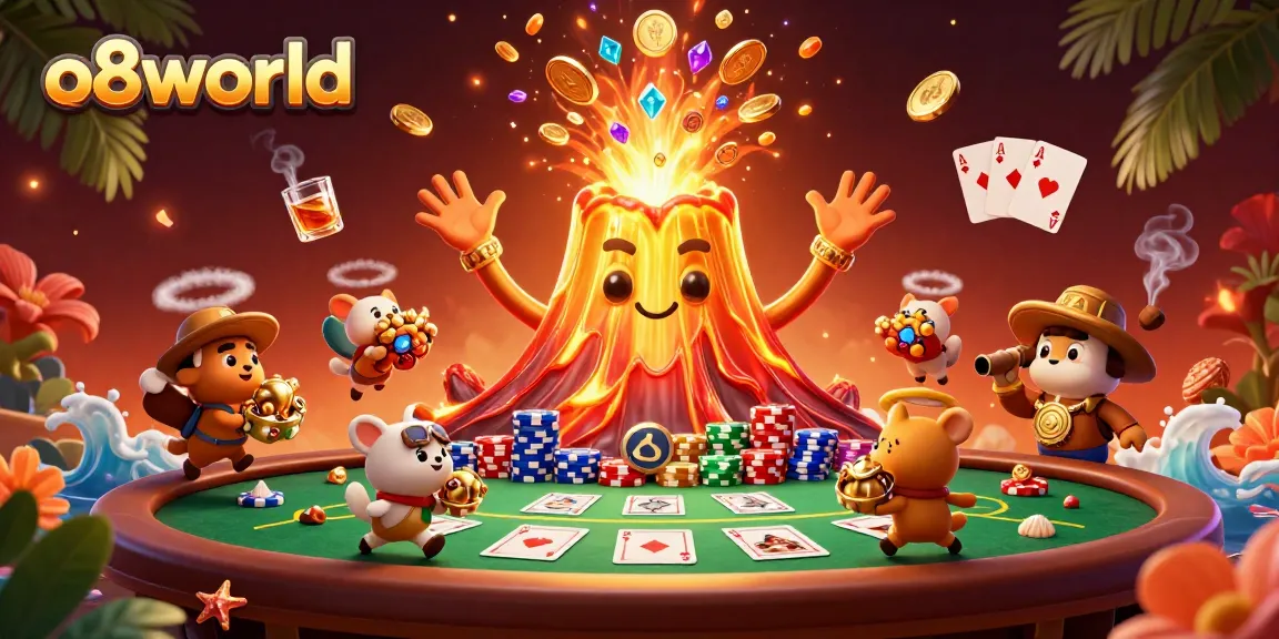 Explore the vibrant world of o8world, where a golden volcano erupts treasures amidst poker excitement.