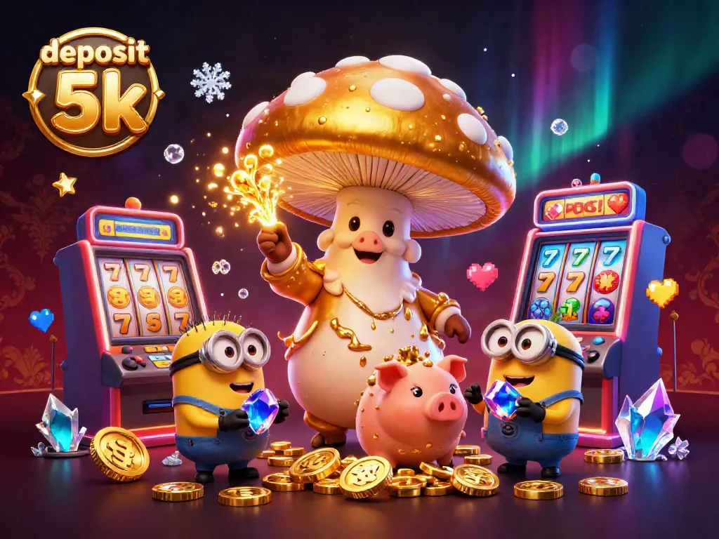 Win big with deposit 5k in a vibrant 3D casino scene featuring golden characters and slot machines.