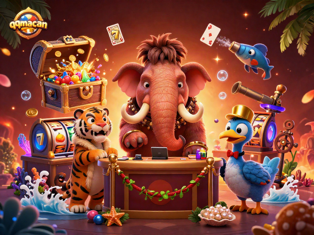 Engage with qqmacan's thrilling 3D casino scene featuring vibrant slot reels, a woolly mammoth bouncer, and underwater treasures.