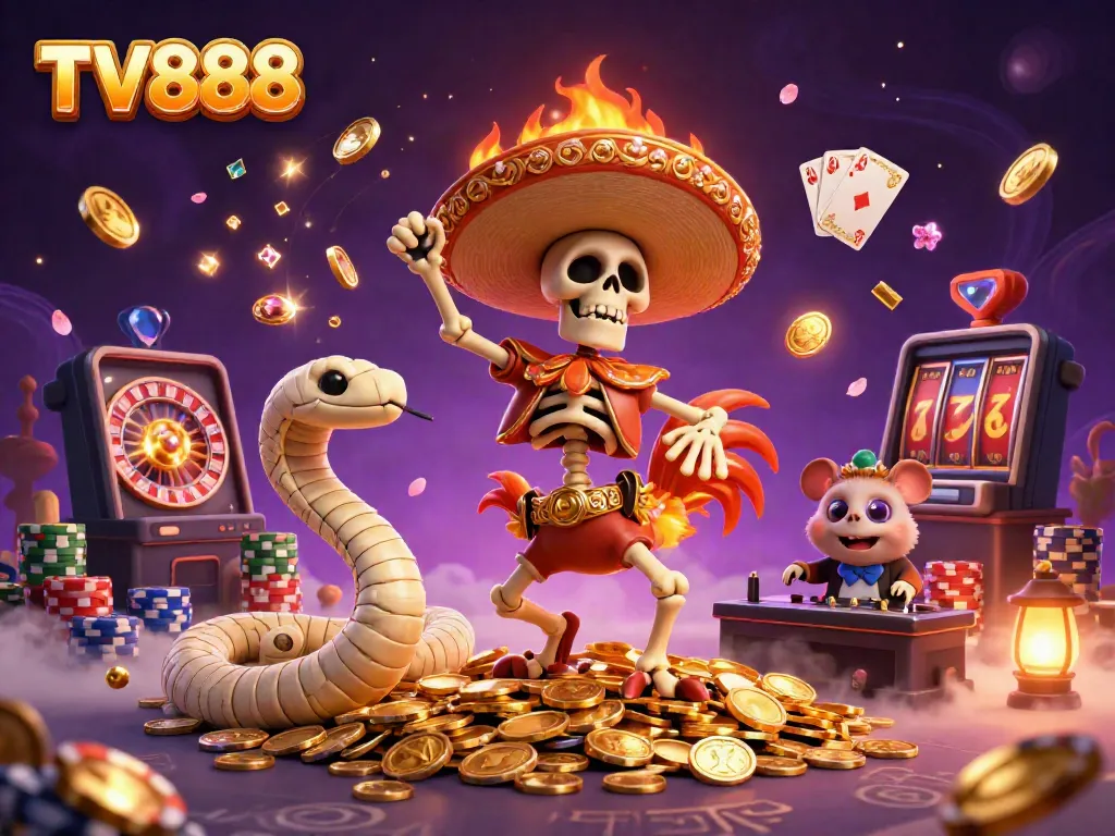 Celebrate big wins at TV888 with vibrant 3D casino characters and golden coins flying.