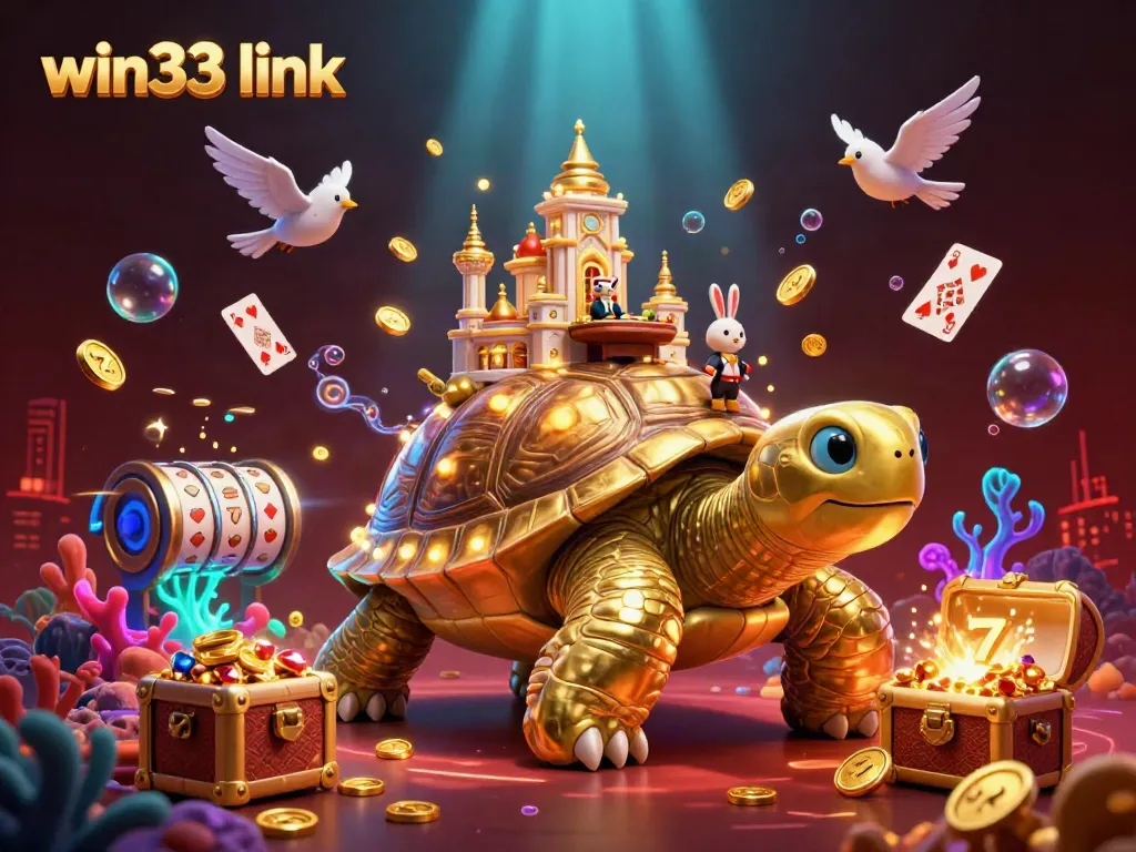 Experience the vibrant win33 link casino scene with a golden tortoise and thrilling game elements.