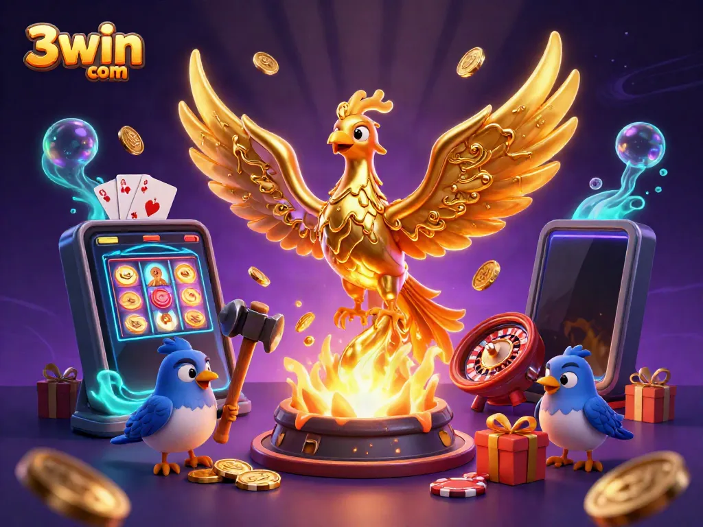 Experience thrilling wins with 3win com as golden coins flow from a vibrant slot game illustration.