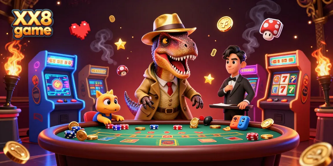 Experience the excitement of the XX8 game with a colorful casino illustration featuring cartoon characters engaged in blackjack and gaming action.