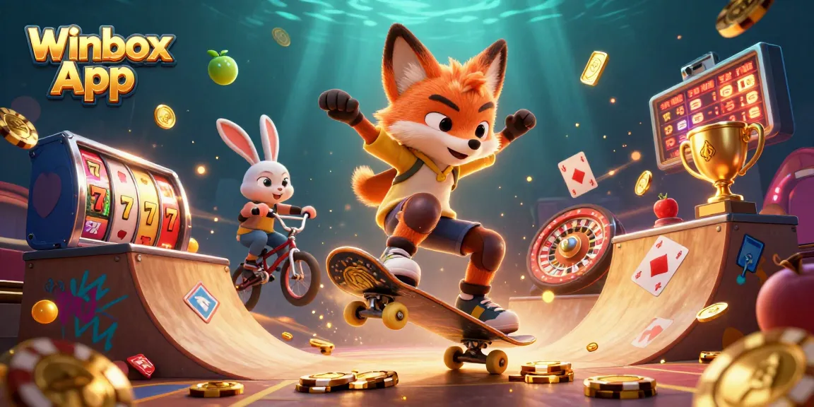 Engage with the action of the Winbox App in this action-packed casino-themed illustration showing characters in a dynamic scene.
