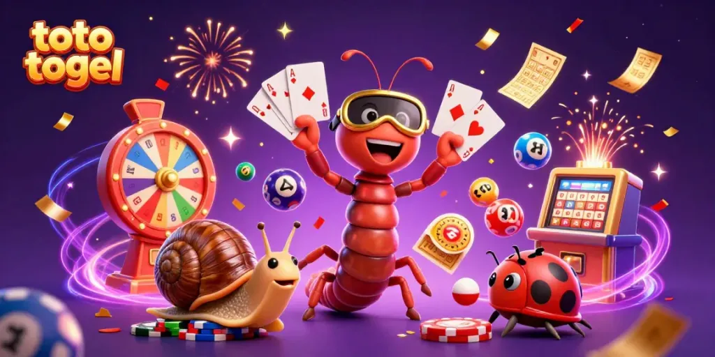 Experience the excitement of toto togel with a vibrant 3D casino scene showcasing joyful characters and lottery elements.