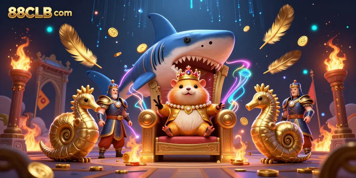 Engage in thrilling gambling at 88CLB com amid a vibrant 3D cartoon scene featuring a hamster king and seahorse guards.