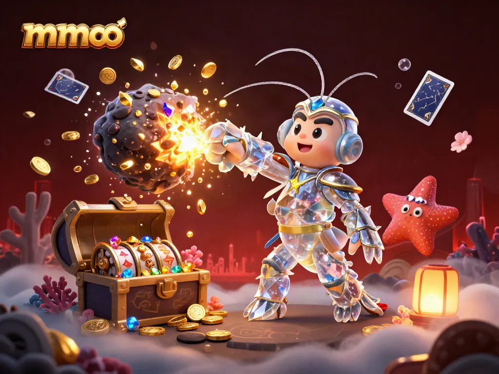 mmoo showcases a galactic samurai mantis shrimp in an explosive casino scene, illustrating dynamic gaming action.