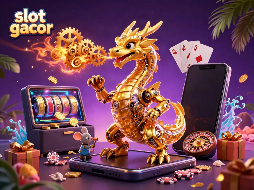 Experience the thrill of slot gacor with our fantasy-style illustration featuring a golden dragon and dynamic gaming elements.