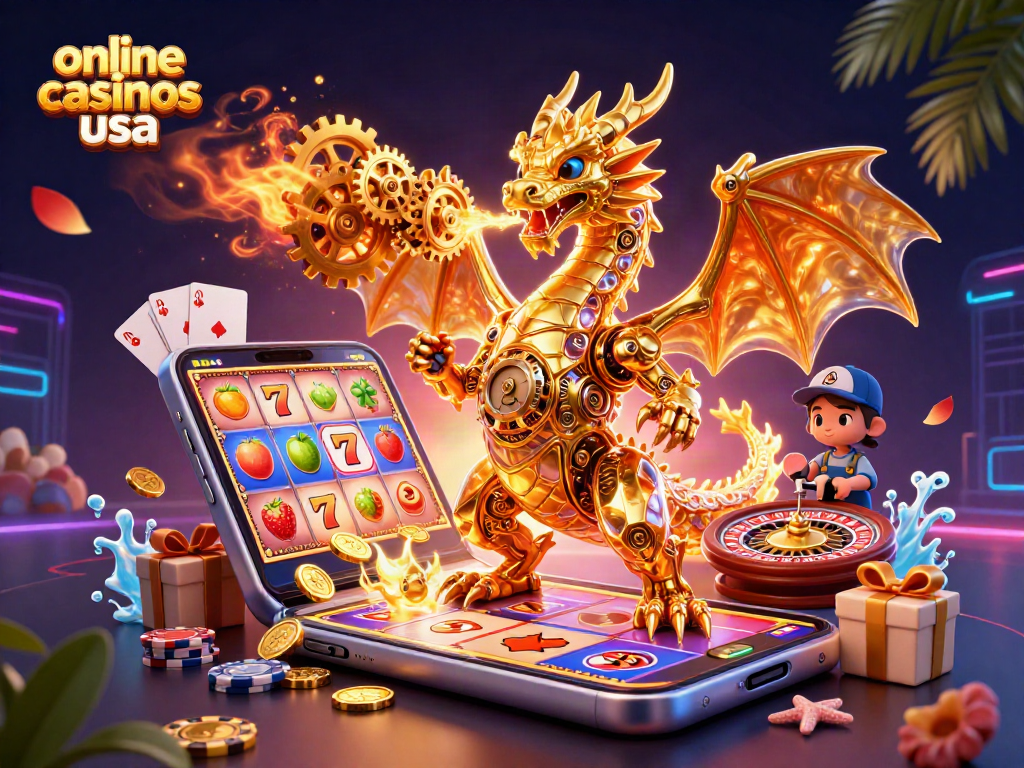 Experience the excitement of online casinos USA with a golden dragon breathing gears among vibrant gaming elements.