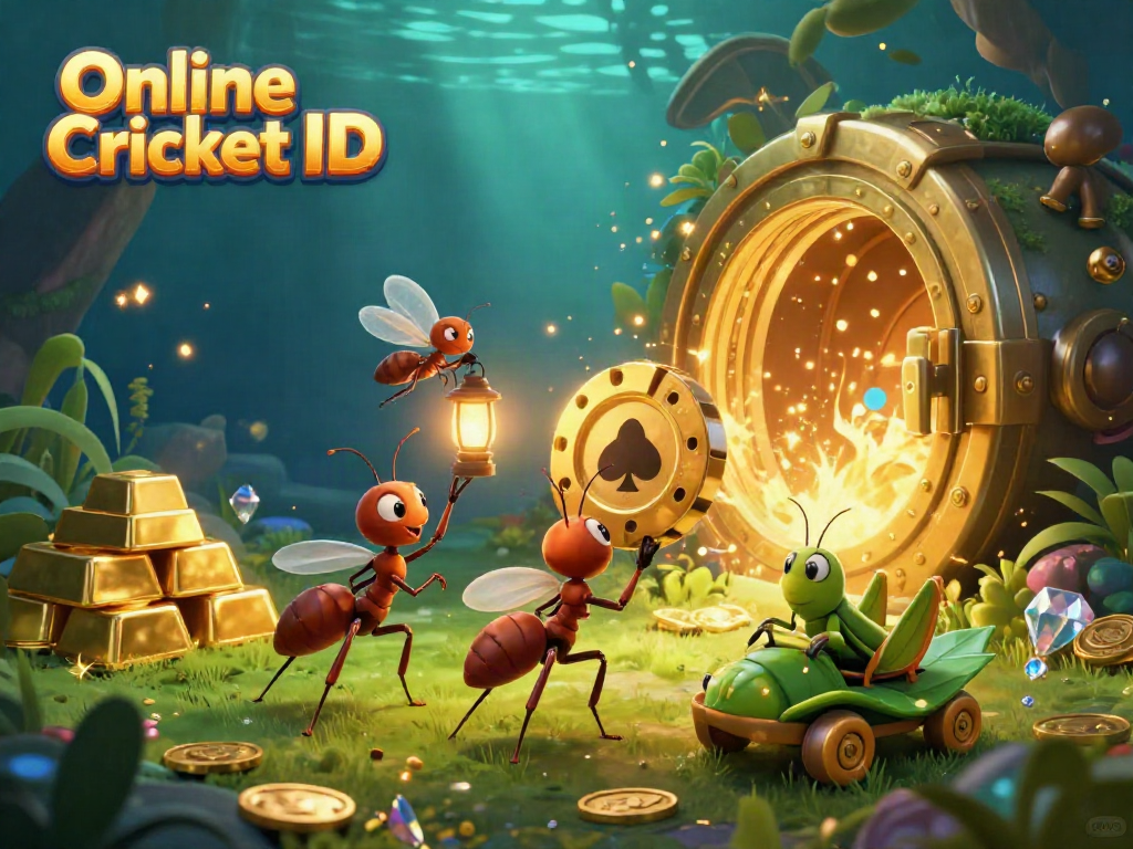 Cute ants discover Online Cricket ID while carrying a giant golden poker chip through a shimmering tunnel.