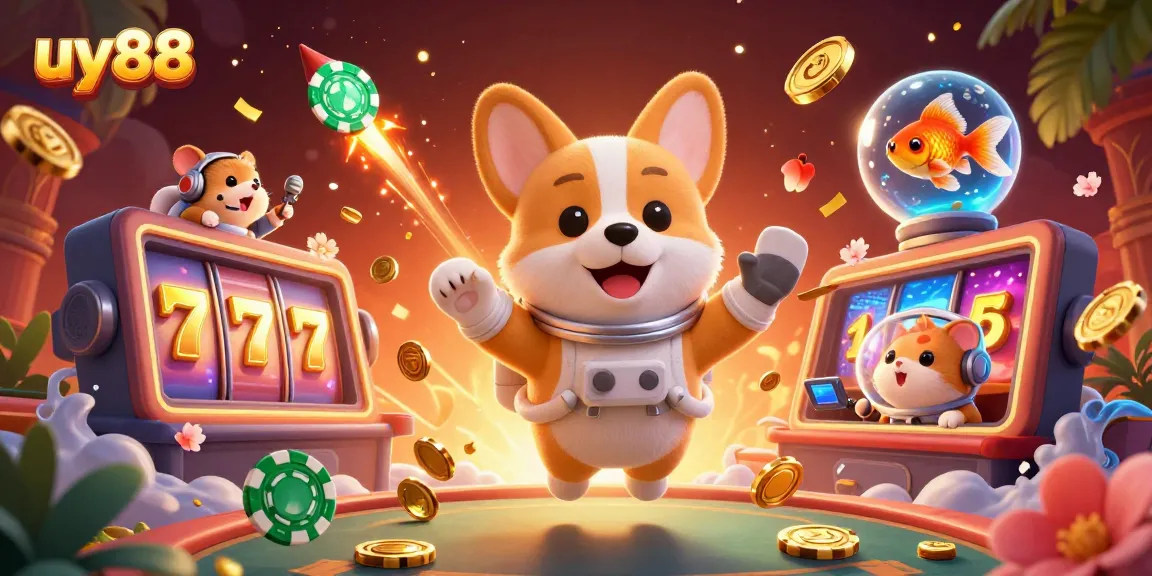 uy88 presents a playful 3D scene with a floating astronaut corgi and colorful casino elements, showcasing fun gaming action.