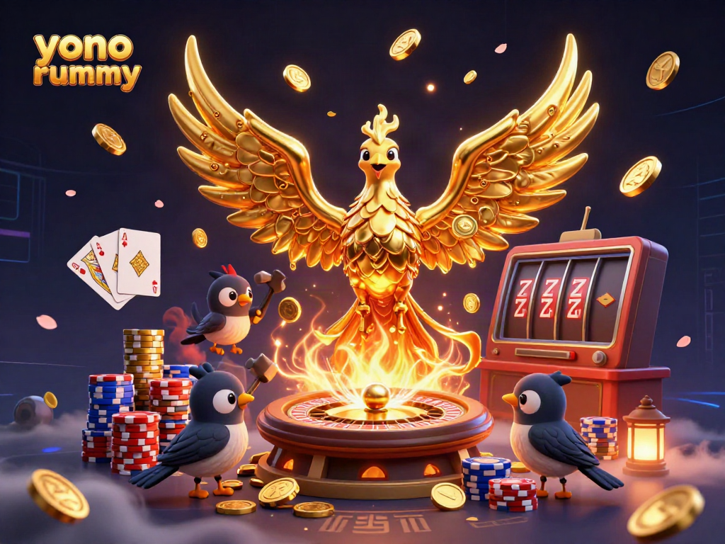 Kartu royal flush dan koin emas melayang menggambarkan aksi dalam permainan yono rummy.