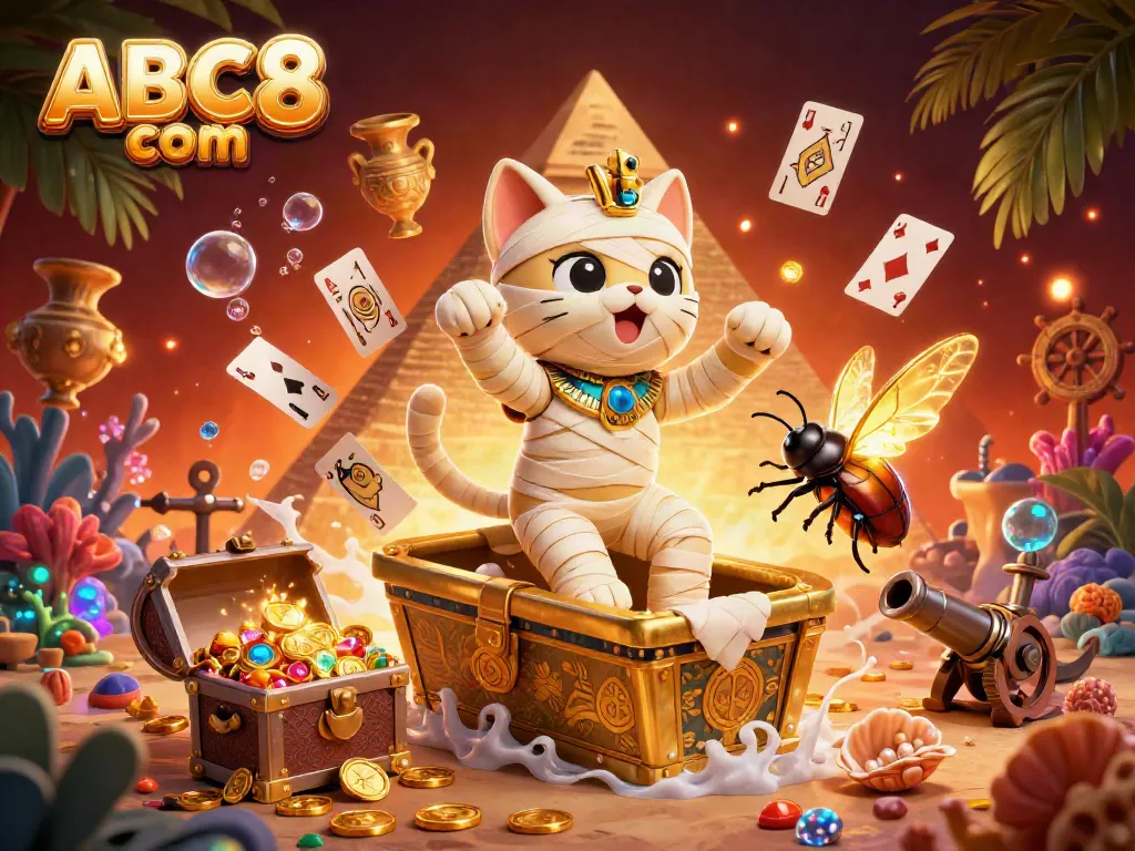 Experience the thrill of ABC8 com with a vibrant 3D scene featuring a mummy cat in a casino.