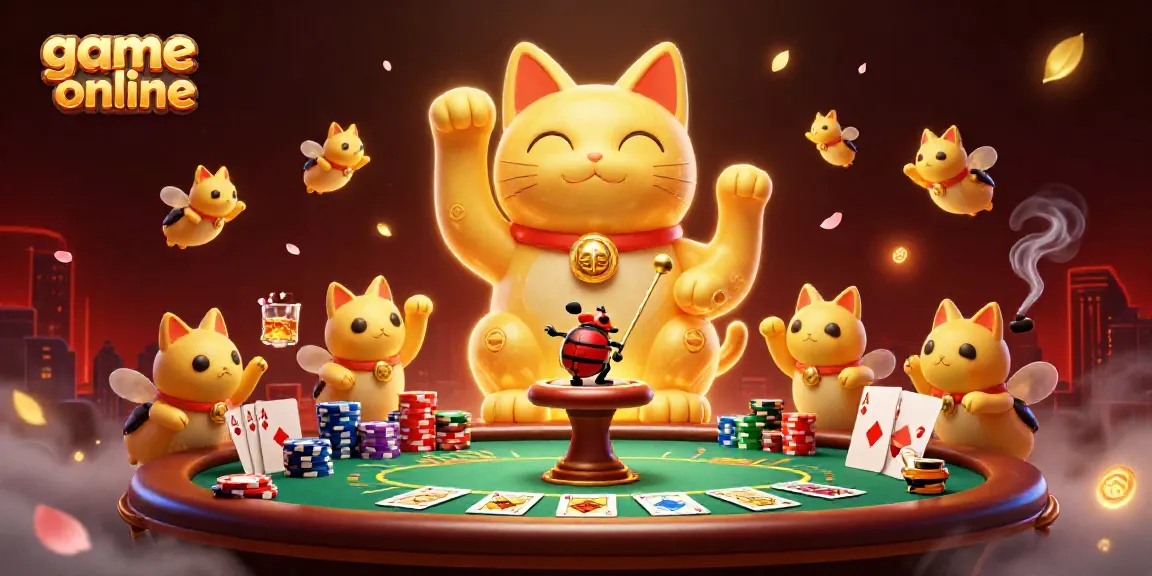 Enhance your game online experience with a dynamic 3D illustration of a lucky cat and poker symbols.