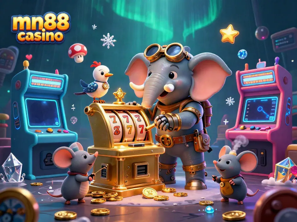Experience thrilling gaming action at mn88 casino with a dynamic 3D steampunk scene showcasing slot machines and engaging characters.
