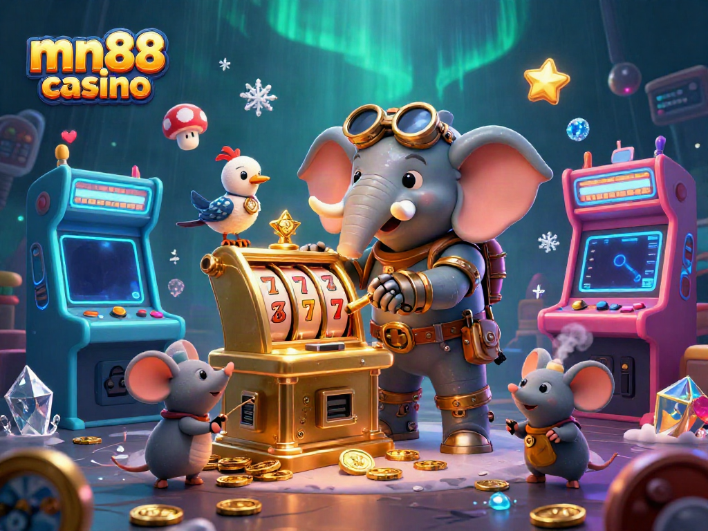 Experience thrilling gaming action at mn88 casino with a dynamic 3D steampunk scene showcasing slot machines and engaging characters.