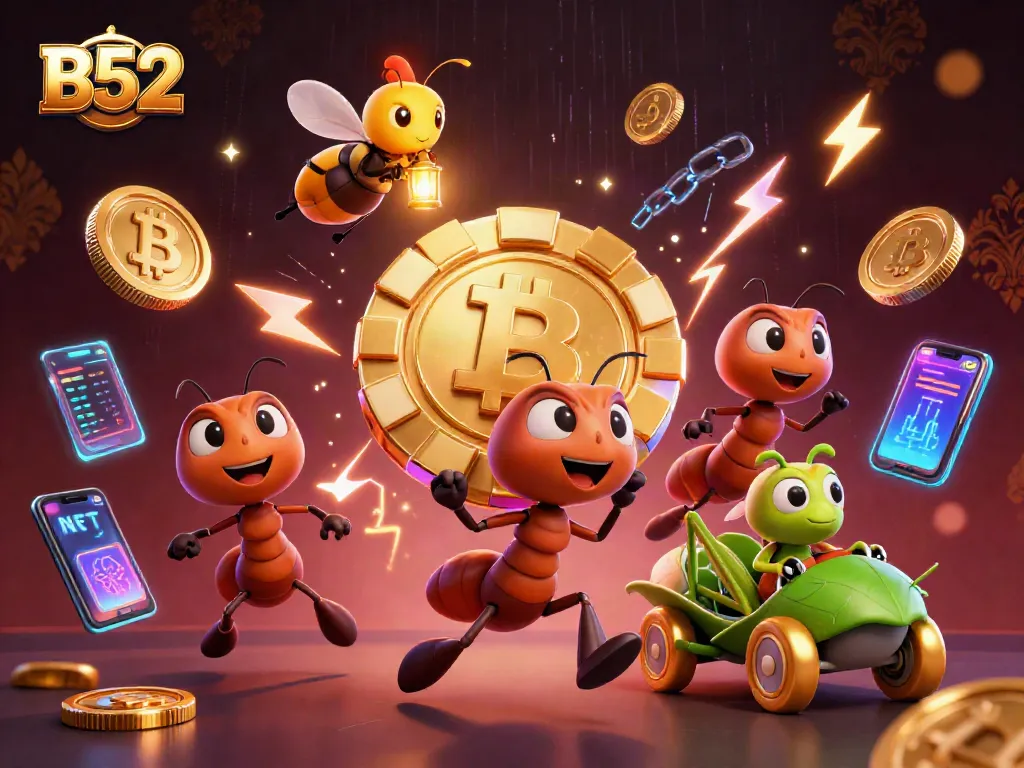 B52 theme cartoon ants heisting golden poker chip in tunnel with crypto elements.