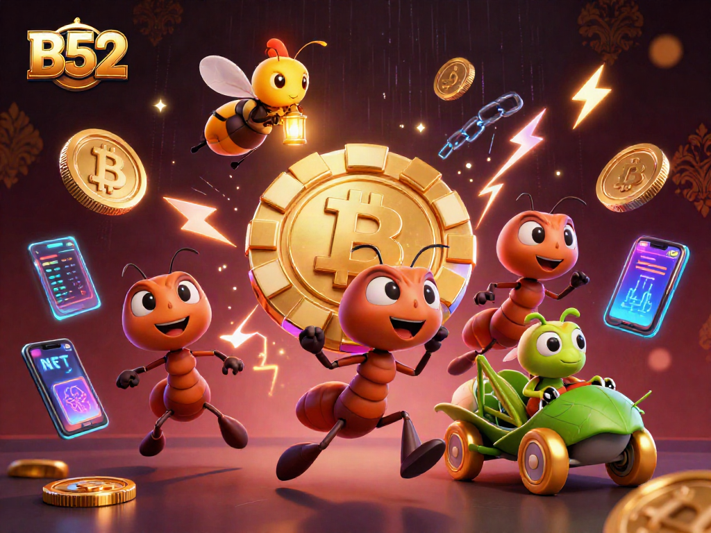 B52 theme cartoon ants heisting golden poker chip in tunnel with crypto elements.