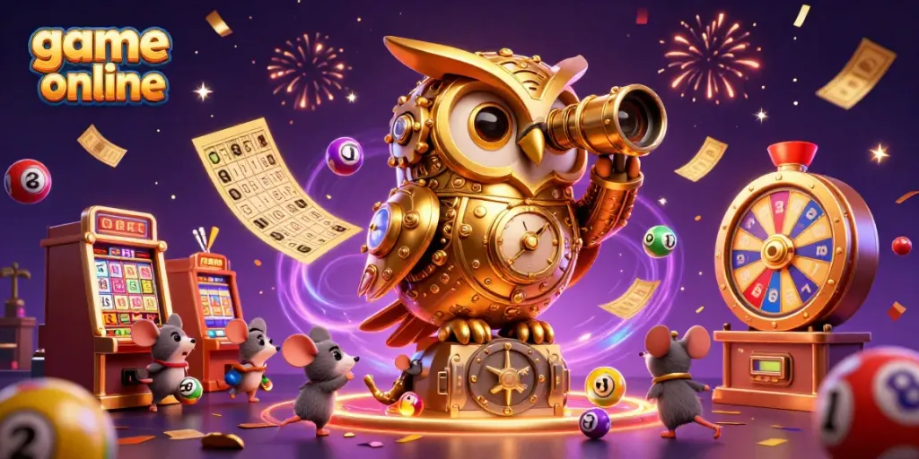Experience thrilling game online excitement with a golden owl overseeing a vibrant casino filled with lively imagery.