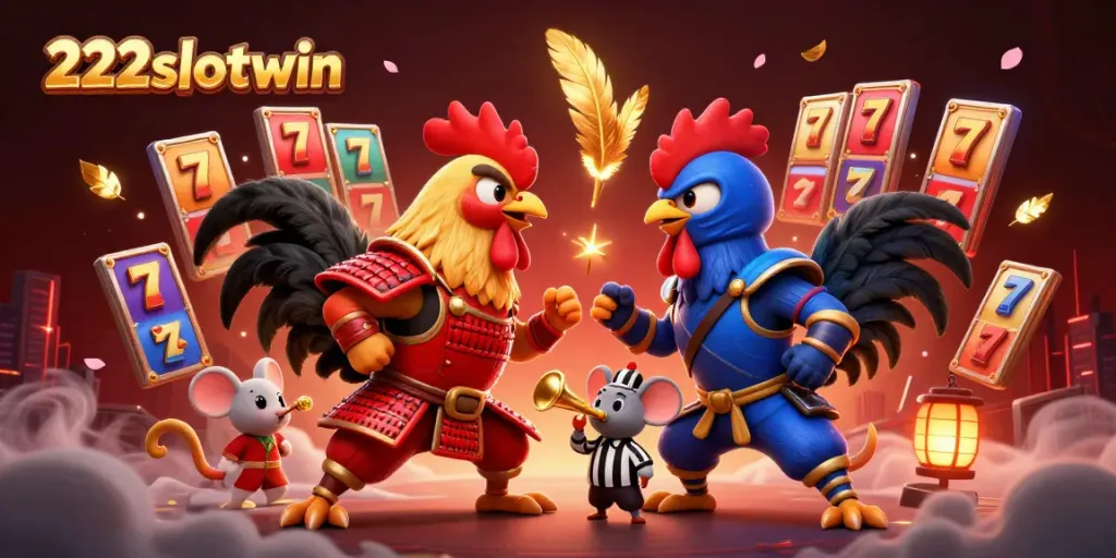 Menghentikan pertarungan ayam kartun di 222slotwin dengan simbol jackpot dan slot di sekelilingnya