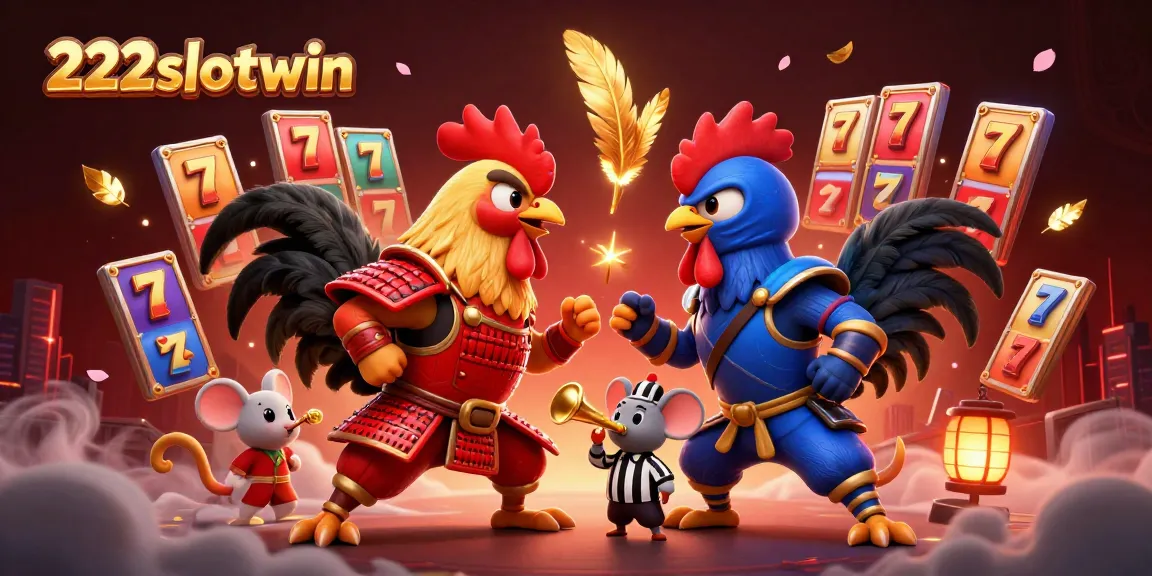 Menghentikan pertarungan ayam kartun di 222slotwin dengan simbol jackpot dan slot di sekelilingnya
