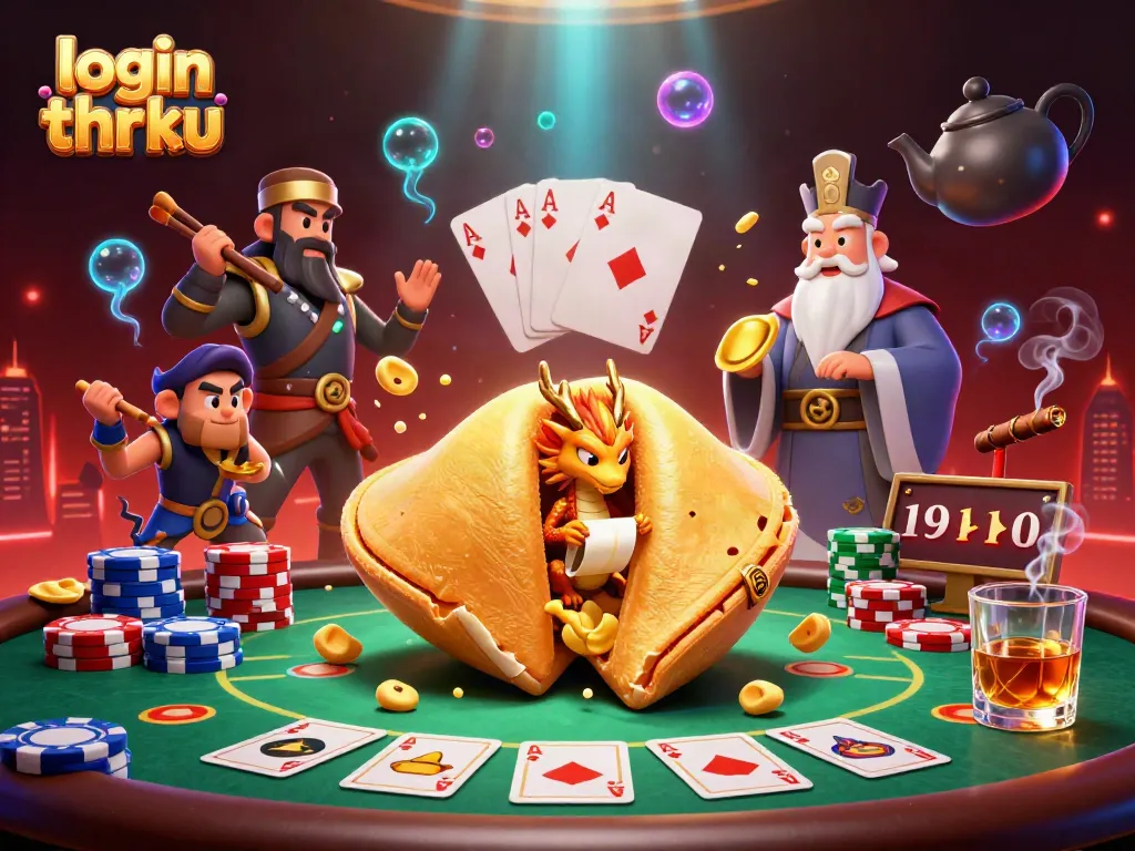 Engage with the adventure of login thrku as a golden fortune cookie reveals a wise dragon's secrets in a thrilling casino-themed scene.