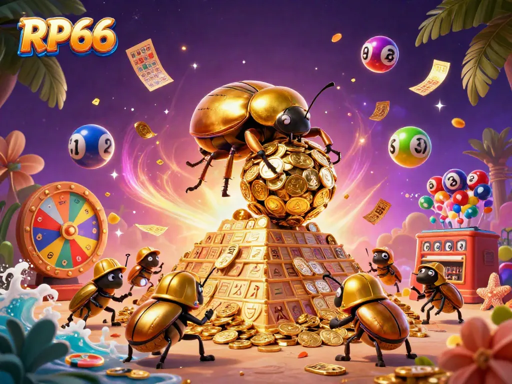 Experience the excitement with RP66's vibrant gaming scene featuring golden beetles and lucky lottery balls.