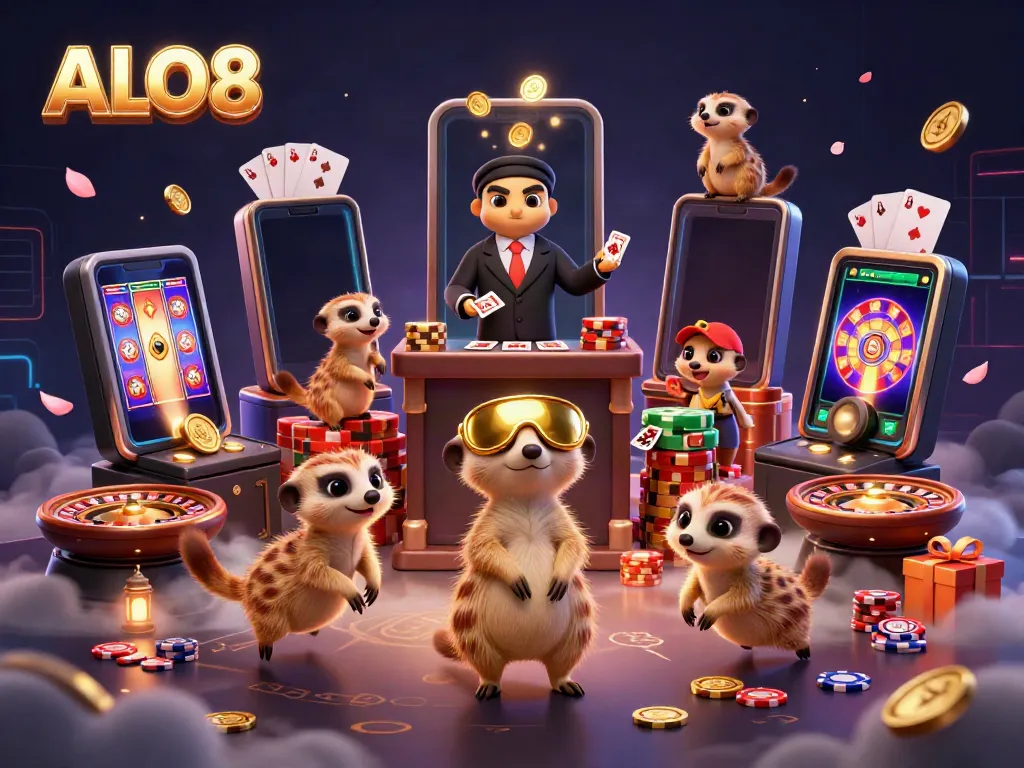 ALO8 meerkats running an elaborate casino operation with colorful slots and dynamic gaming elements.