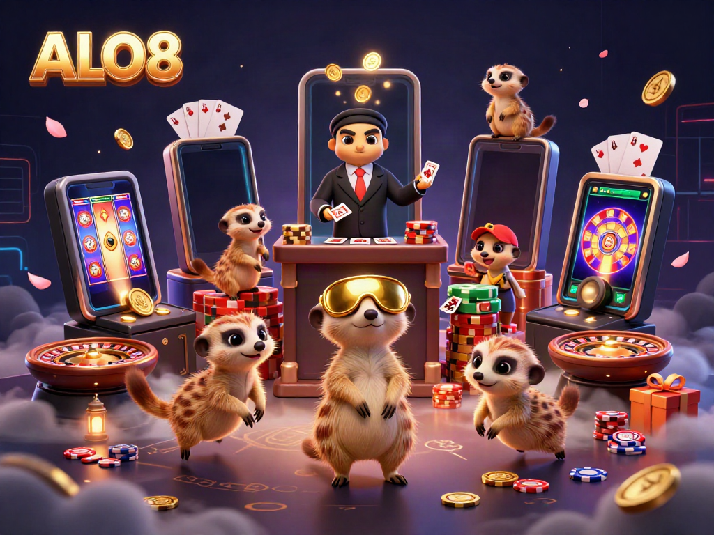 ALO8 meerkats running an elaborate casino operation with colorful slots and dynamic gaming elements.